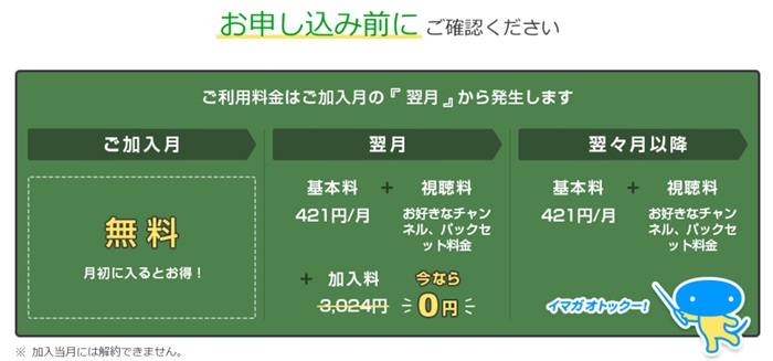 スカパーの月額料金を加入月、翌月、翌々月にわけて説明している画像