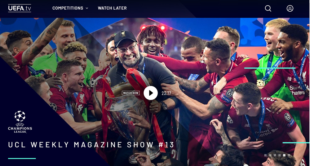 UEFA.TVのチャンピオンズリーグ配信サイトのスクリーンショット（PC）